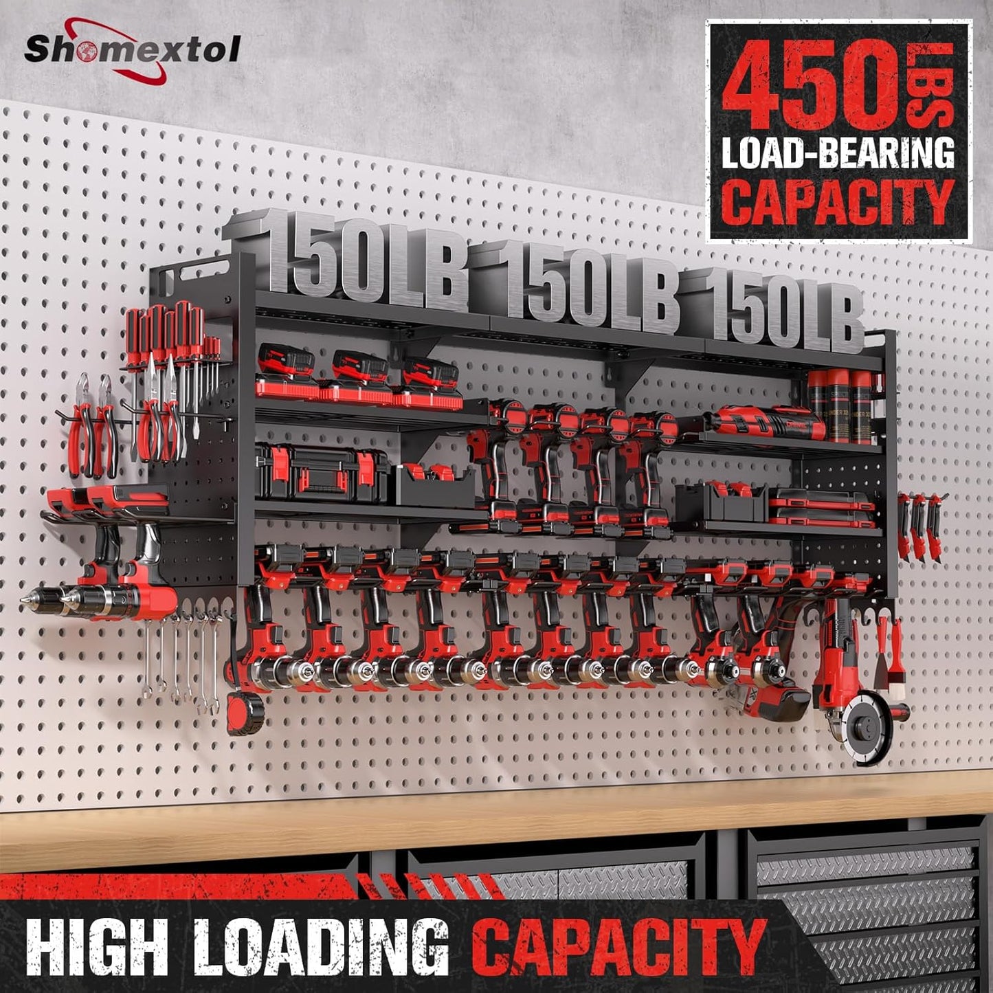 49.8" W Super Large Power Tool Organizer Wall Mount,4-Layer Heavy Duty Tool Storage with 18 Cordless Drill Holder,600 lb Capacity Garage Organization for Garage and Workshop (Black)