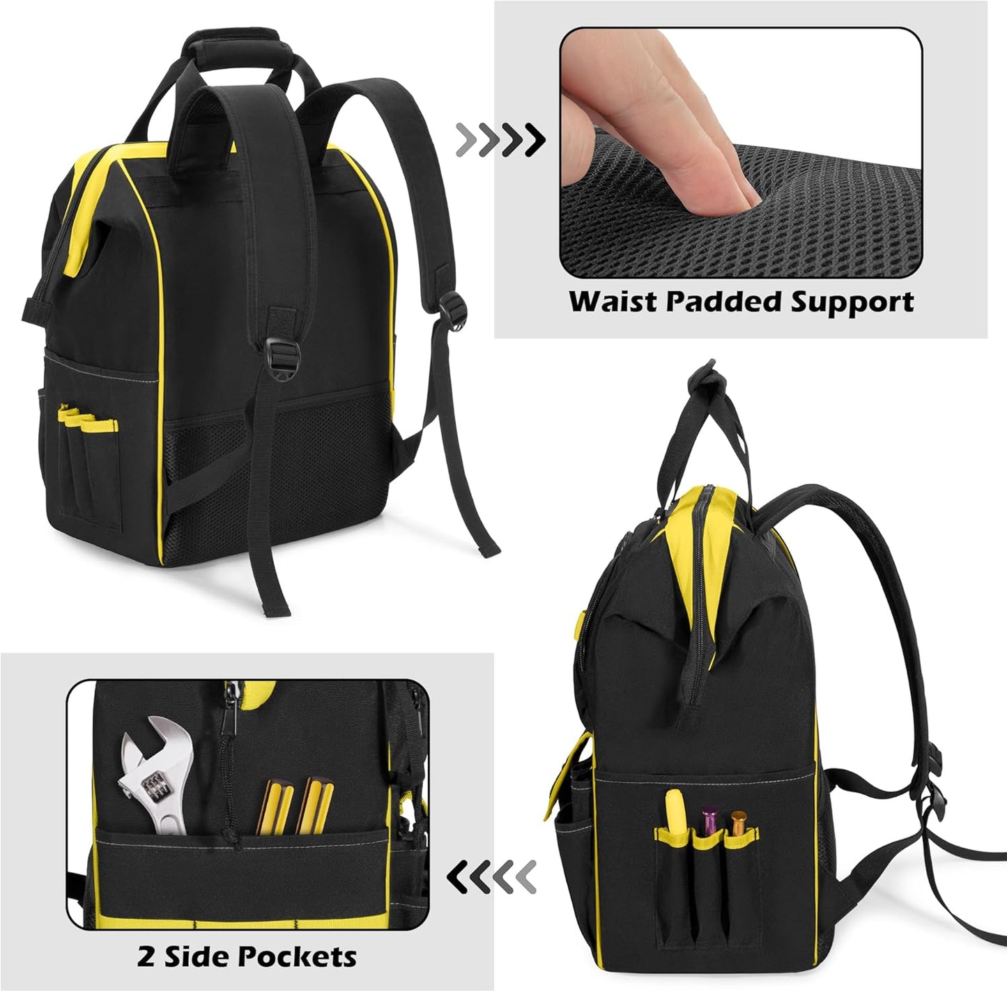 Tool Bag Backpack with Zipper Pouch and Magnetic Attraction Area, Heavy-Duty Tool Storage Organizer Bag, Tactical Work Tool Bag for Electrician, Repairman, HVAC Techs, Black