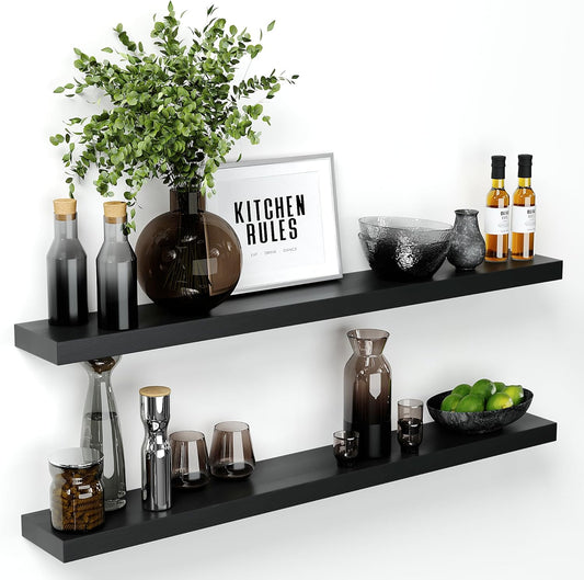 Homeforia Black Floating Shelf 48 inches, High End Solid Real Wood 48 inch Long Floating Shelves for Wall, Black Wooden 48inch Large Floating Shelves, Heavy Duty Bracket, 48 X 6.5 X 1.75 in, Set of 3