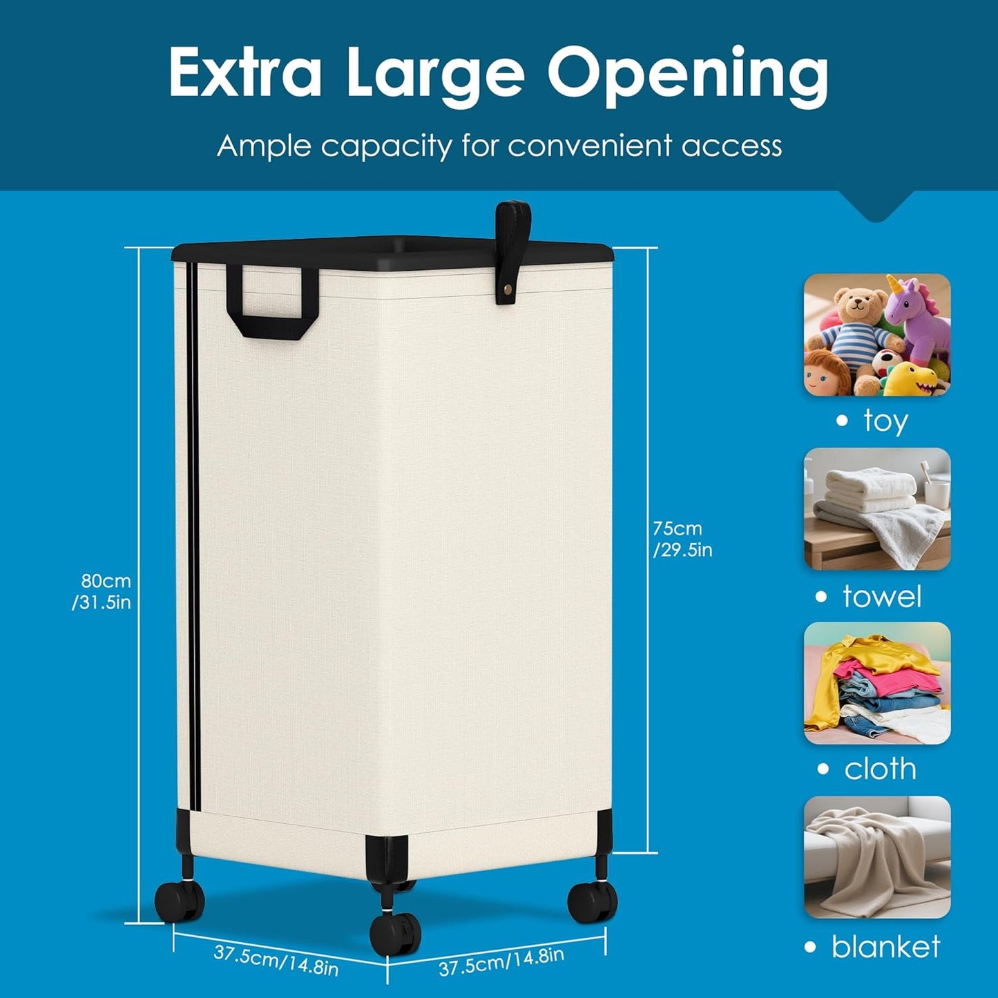 Laundry Basket with Wheels 105L, Large Rolling Laundry Hamper with Removable Bag, Metal Frame Collapsible Dirty Clothes Bin, Cloth Organizer Hampers Pull Handle for Bathroom, Dorm, Bedroom White