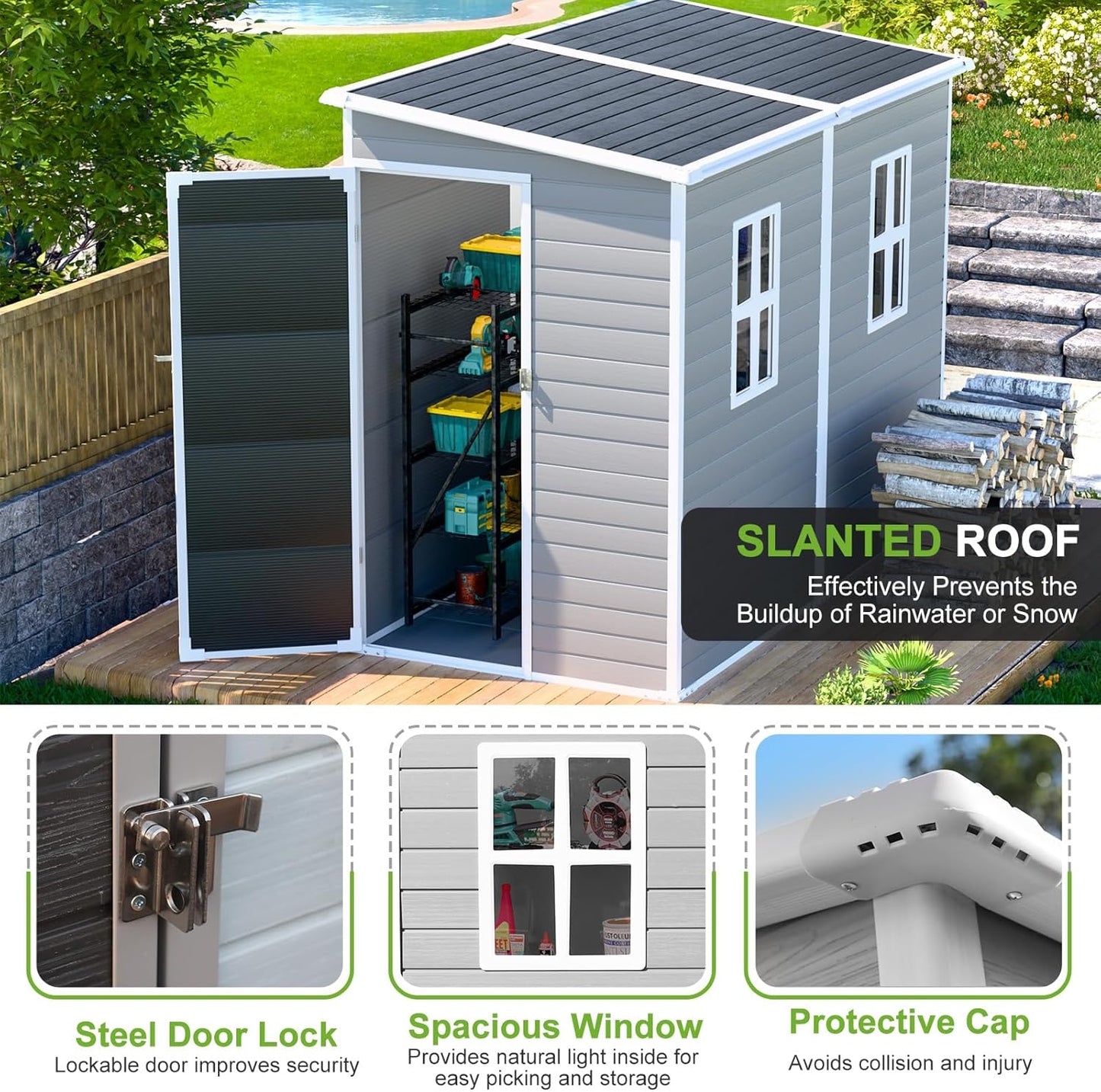 4x8 FT Lean-to Resin Shed with Floor Included, Waterproof Plastic Storage Cabinet, Garden Tool Sheds for Outdoor Wall