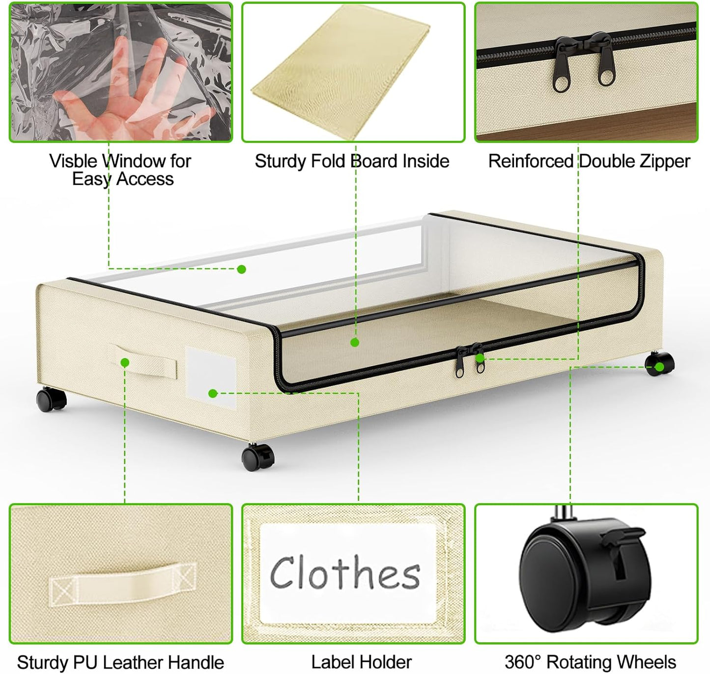 Under Bed Storage with Wheels, 2-Pack Underbed Storage Containers with Clear Lids, Under Bed Shoe Storage Organizer, Rolling Under Bed Storage for Clothes Shoes Blankets (Beige)