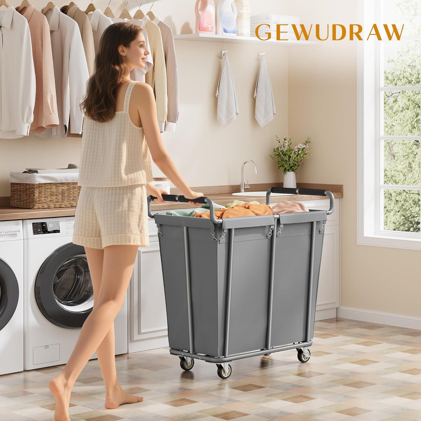 Large Laundry Hamper with Wheels, 360L Rolling Big Laundry Basket for Clothes Storage, Heavy Duty Extra Large Rolling Laundry Cart with Handle, Steel Frame, Waterproof Liner,95.1 Gallons,Grey