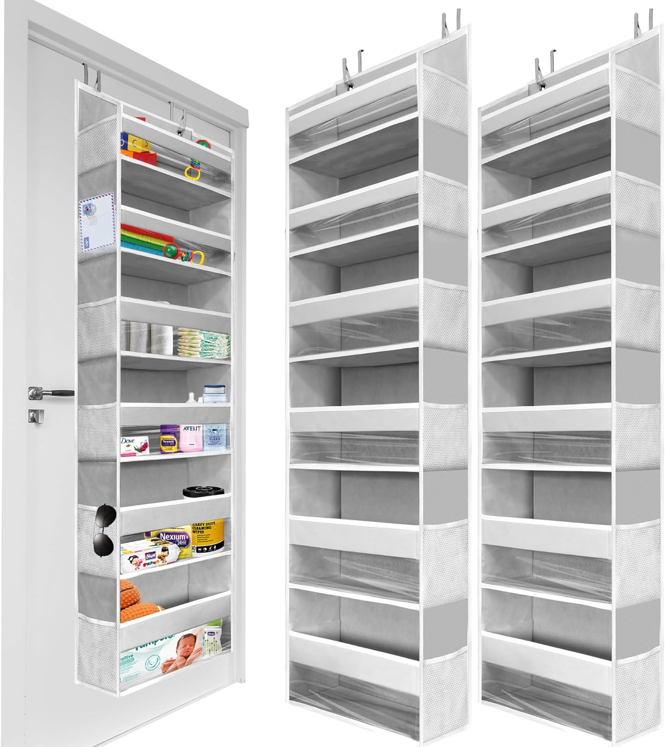 HOMELUX THEORY Over The Door Organizer Hanging - 50lbs Load 6 Large Front & 12 Side Pockets, 2 Pack Over The Door Shoe Organizer, Hanging Closet Organizer For Toys, Diaper, Purse, Sewing (Light Gray)