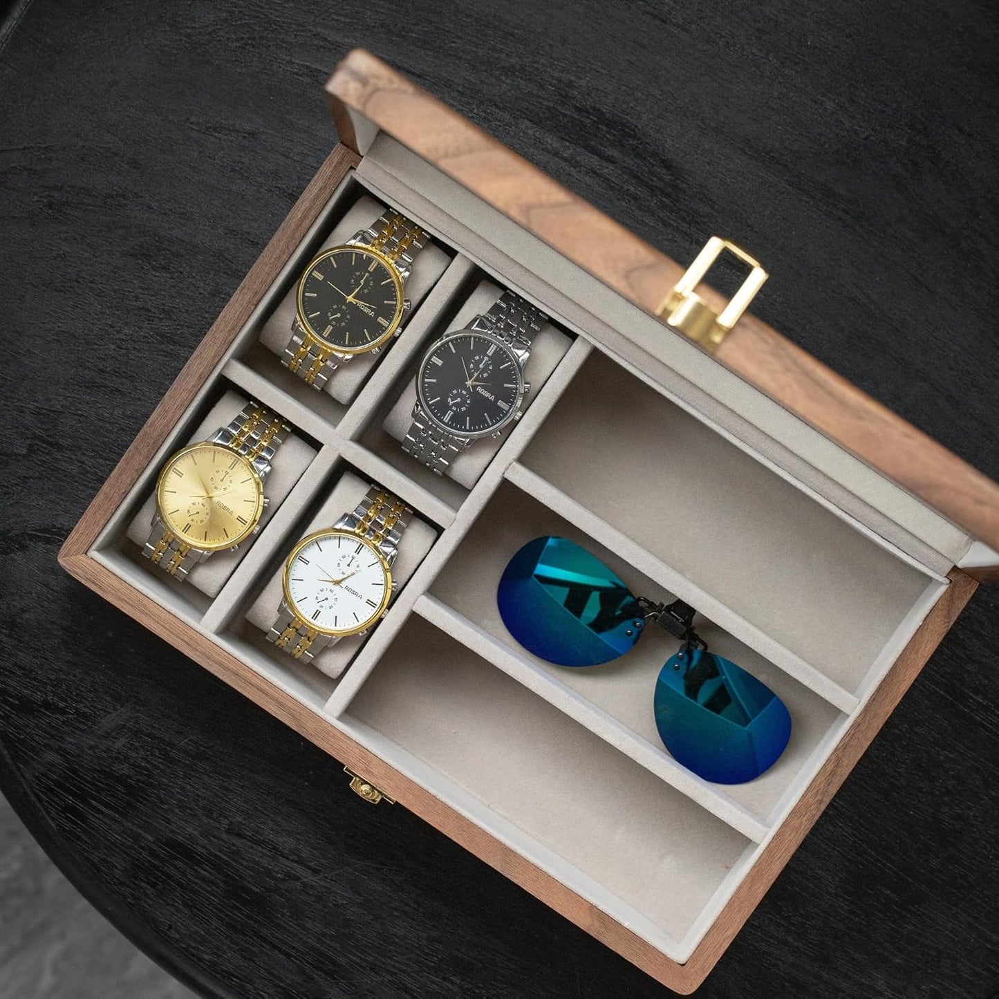 Muso Wood 7 Slot Men's Walnut Watch Box with Glass Lid, Watch and Sunglasses Organizer, Father's Day Gift - Brown