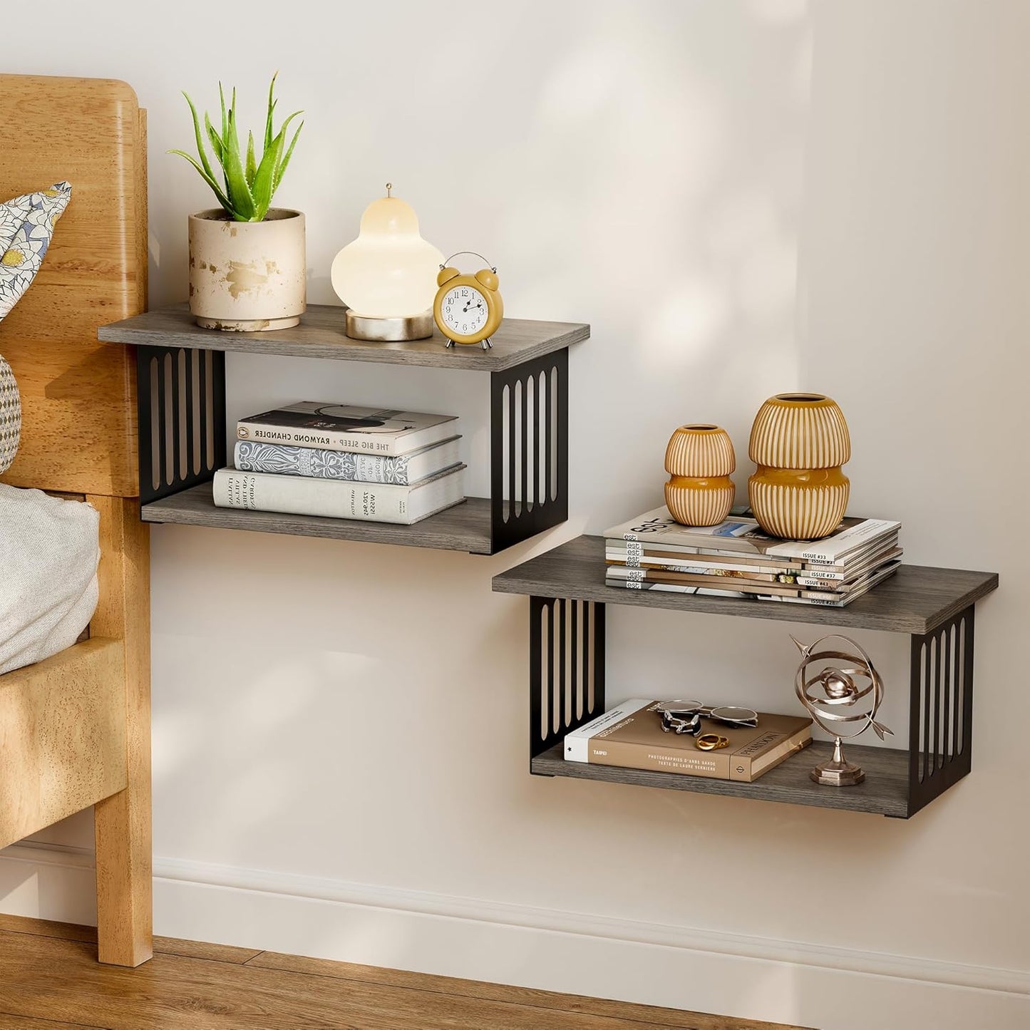 Floating Nightstand Set of 2, 2-Tier Floating Shelves Wall Mounted,Floating Bedside Table Wall Shelf,Display Wall Shelves for Bedroom,Living Room, Bathroom, Kitchen, Grey