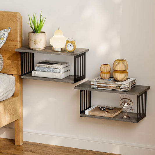 Floating Nightstand Set of 2, 2-Tier Floating Shelves Wall Mounted,Floating Bedside Table Wall Shelf,Display Wall Shelves for Bedroom,Living Room, Bathroom, Kitchen, Grey