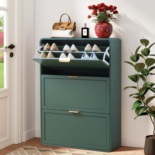 Hidden Shoe Cabinet with Drawer, Free Standing Narrow Shoe Rack Cabinet for Entryway Slim, 3 Flip Drawer Shoe Storage Organizer Cabinet for Entry,Hallway,Door,Dorm,Small Spaces - Green