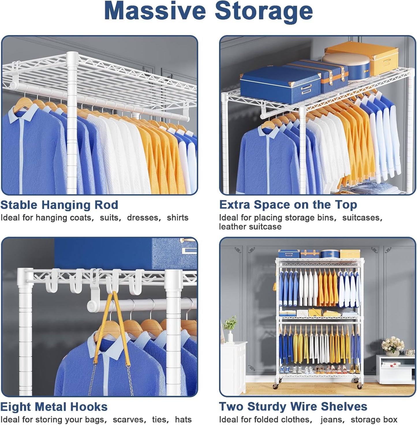 P8 Heavy Duty Clothes Rack（With Extended Width Design） Rolling Clothing Racks for Hanging Clothes，Portable Garment Rack with Lockable Wheels，51.2" W x 15.8" D x 80.5" H，Max Load 700LBS，White