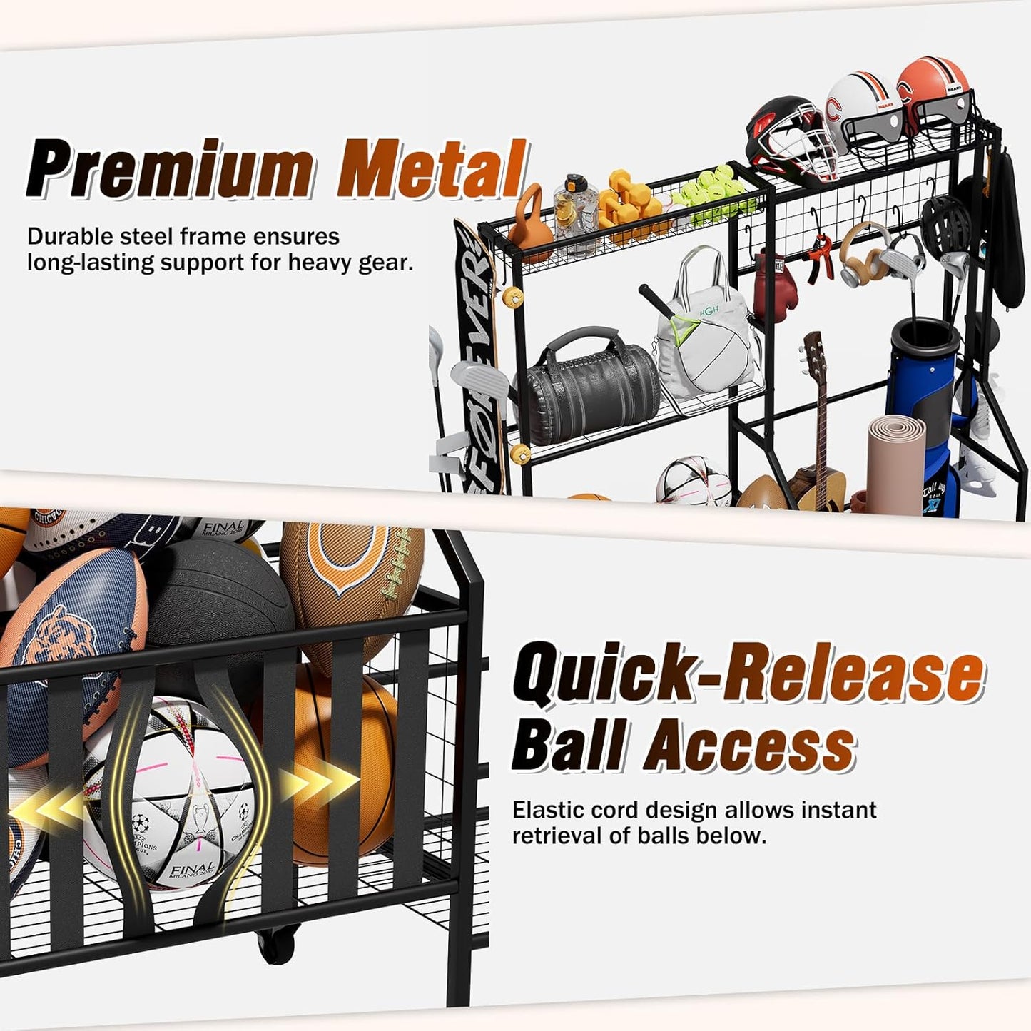 Sports Equipment Organizer, Heavy Duty Golf Bags Stand, Extra Large Ball Storage Rack for Garage
