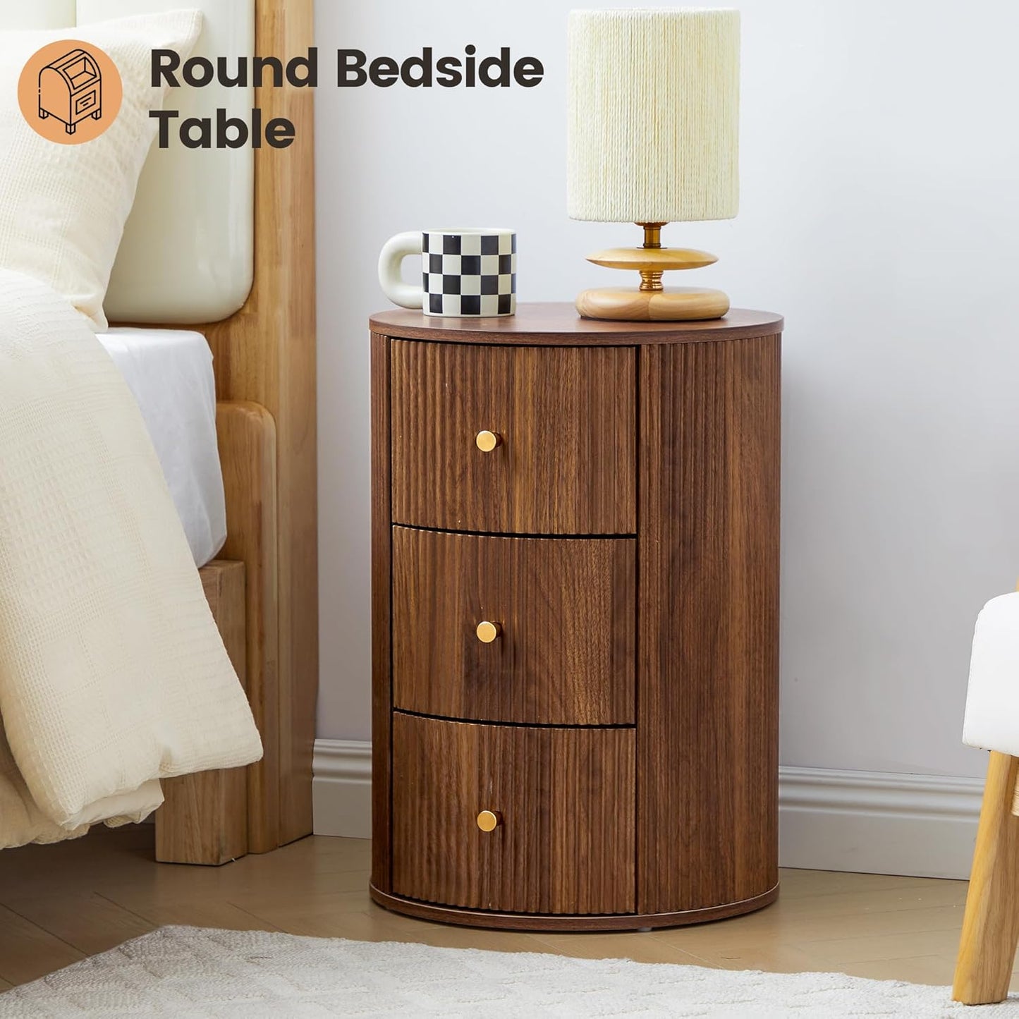 Fully Assembled Round End Table with 3 Storage Drawers, 15.75”Mid Century Side Table for Living Room, 3 Drawers Nightstand for Bedroom, Circle Sofa Bedside Table (Walnut-1 pc)