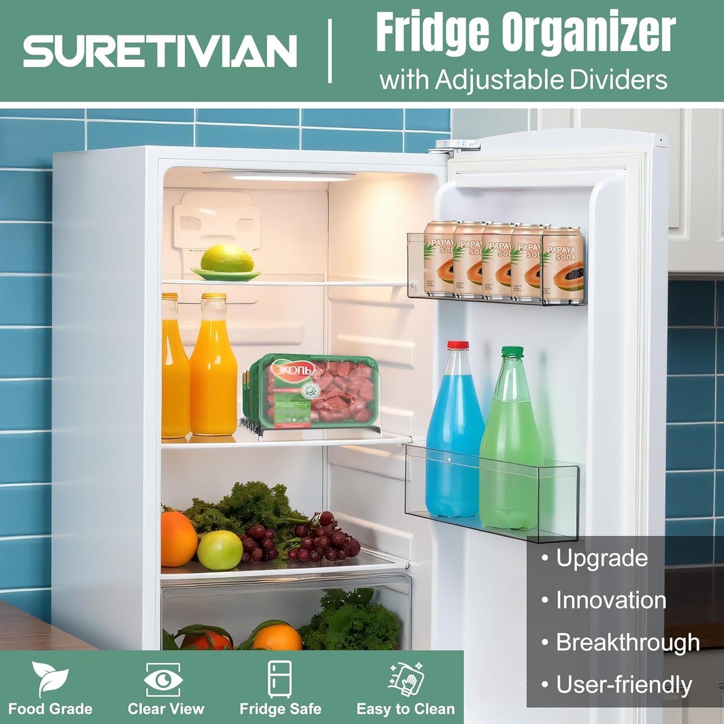 Freezer Organizer 12” Visible Fridge Organizer Rack with Removable Dividers and Handles, Freely Adjustable, Fits Refrigerator Frozen Meals, Lunch Meat Box, Cheeses (Black)