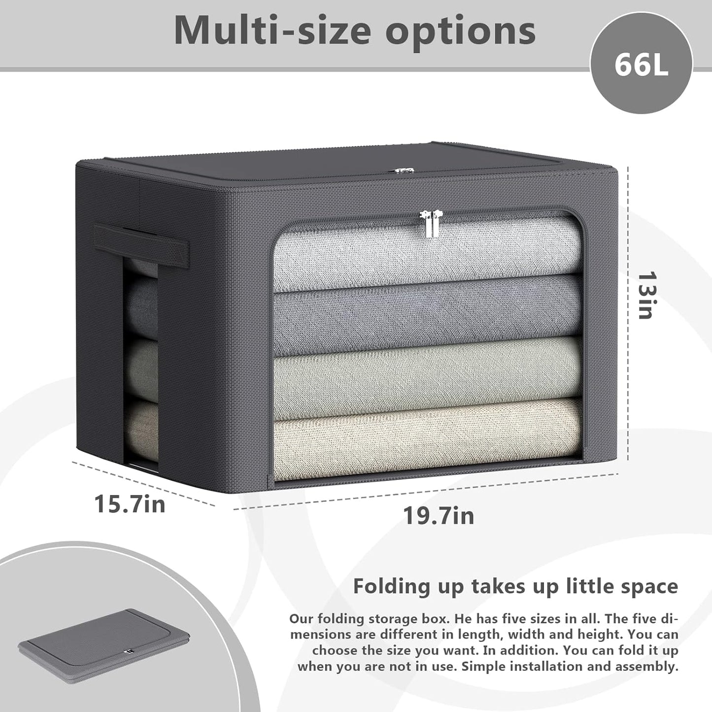 CYhom 3Pack Stackable Clothes Storage Bins - Oxford Frame Storage Box Foldable Clothing Storage Container Organizer Set with Clear Window & Carry Handles Large Capacity (Dark Gray, Large-66L)