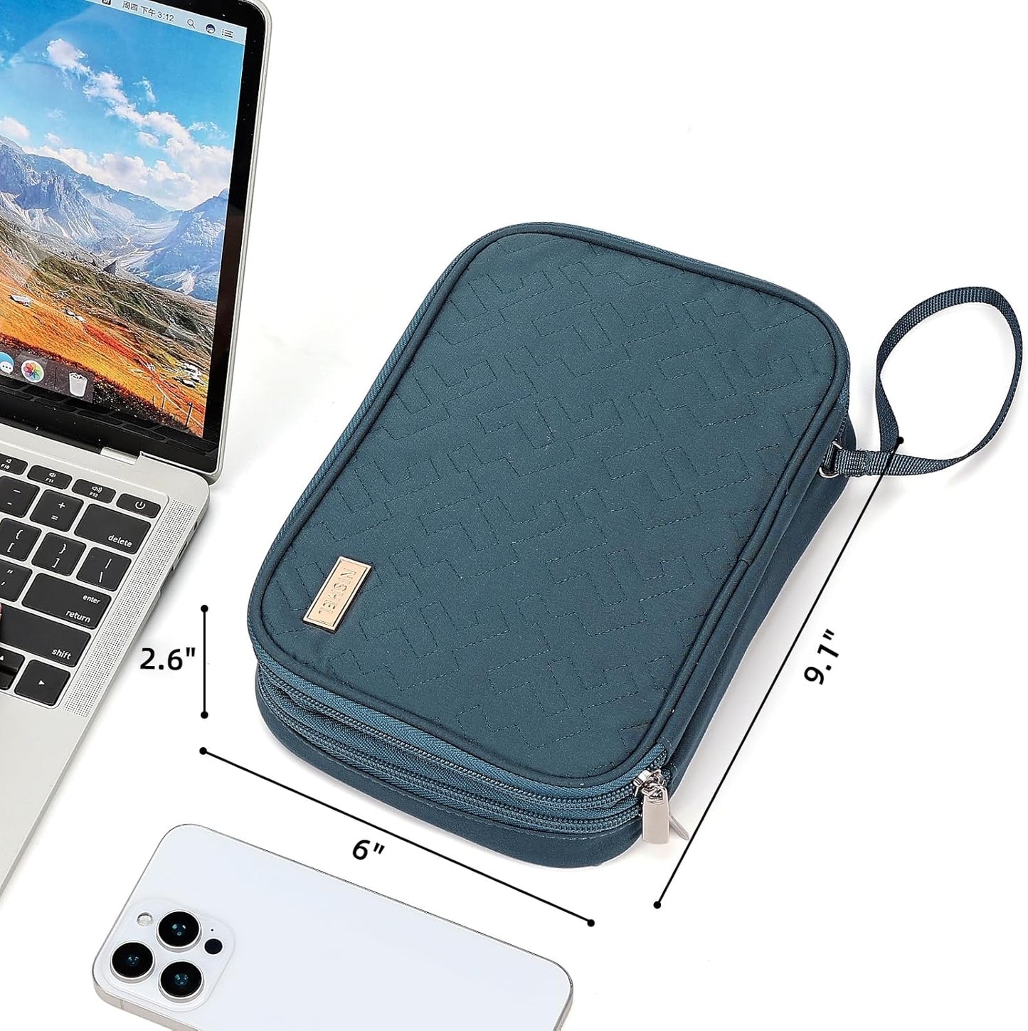 NISHEL Travel Cord Organizer Case, Double Layers Tech Electronic Bag, Essentials for Charger, Cable, Phone, Flash drive, Large, Lake-Blue
