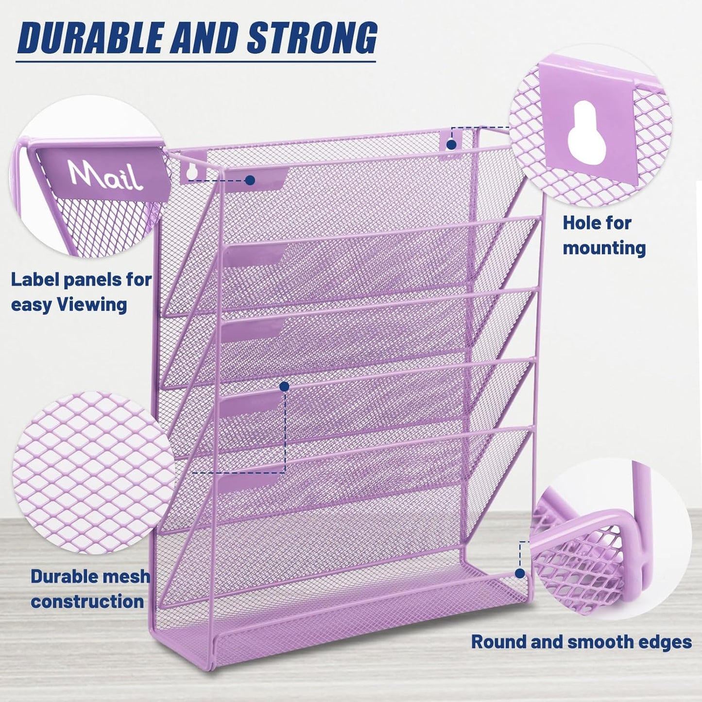 EASEPRES Desk File Organizer Mesh 6 Tier, Hanging Wall Mount Document Organization Stand, Desktop Vertical Mail Paper Folder Holder Rack with Bottom Tray for Office Home Cubicle, Light Purple