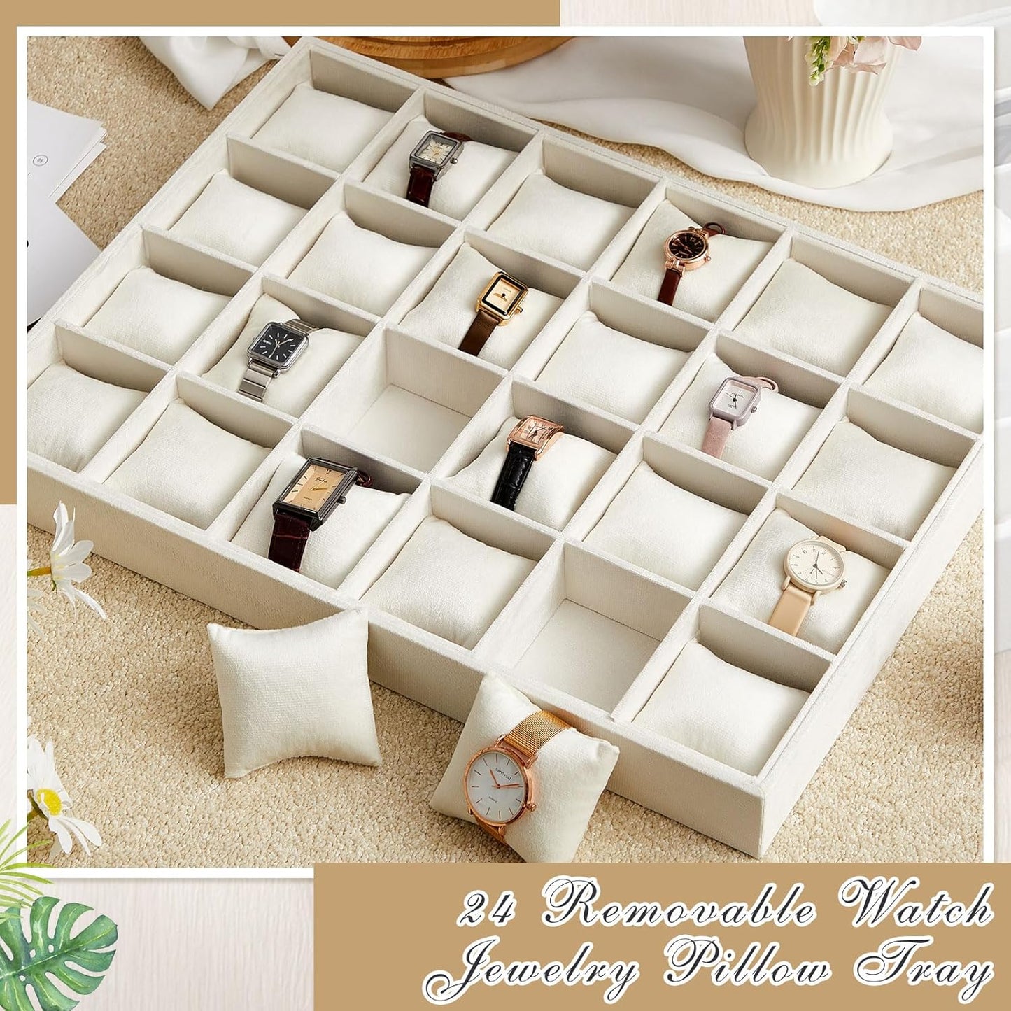Henoyso 2 Pieces 24 Grid Velvet Watch Tray Jewelry Organizer Stackable Watch Bracelet Bangle Display Holder Adjustable Pillow(Beige)