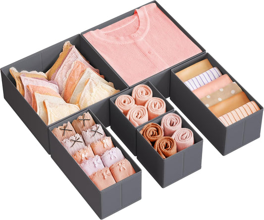 SONGMICS Drawer Organizer, Dresser Drawer Organizers, Set of 6, Foldable Fabric Storage Bins for Socks, Underwear, Bras, Ties, Scarves, Slate Gray URDZ06G