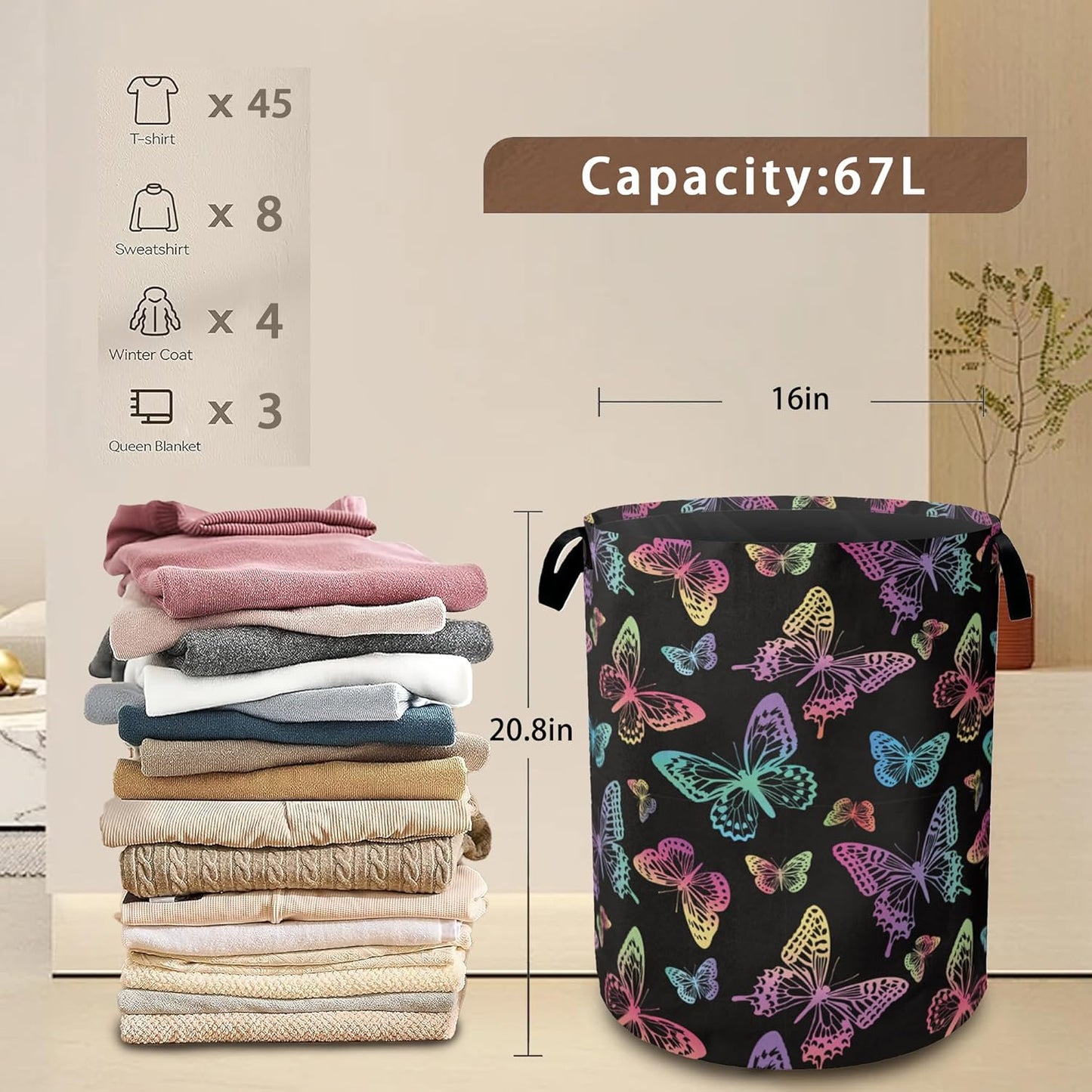 Rainbow Butterfly Collapsible Laundry Baskets,Laundry Hamper,Storage Basket with Handles for Bathroom Bedroom College Dormitory Living Room Nursery Organizer 16"x20"