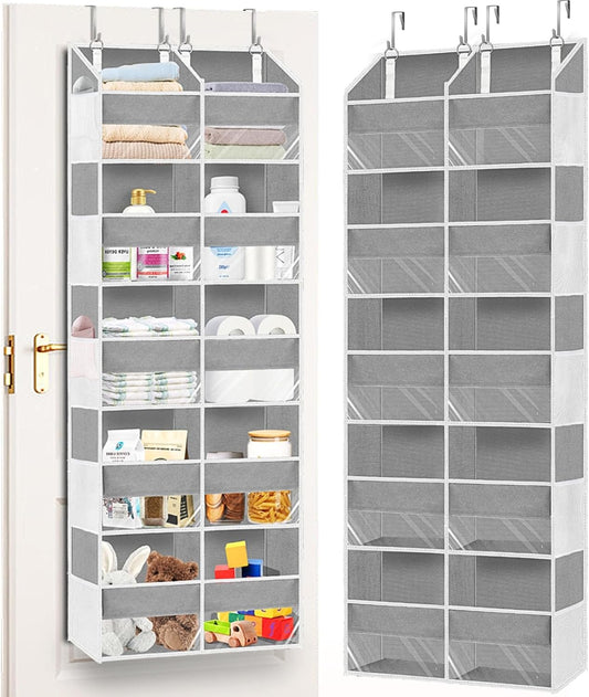 Over The Door Organizer, 5-Tier Extra Large Behind Door Storage with 10 Big Front & 10 Mesh Pockets, 80lb Capacity, Hanging Storage Organizer with Clear Window Kids Toys, Shoes, Diapers, Light Grey