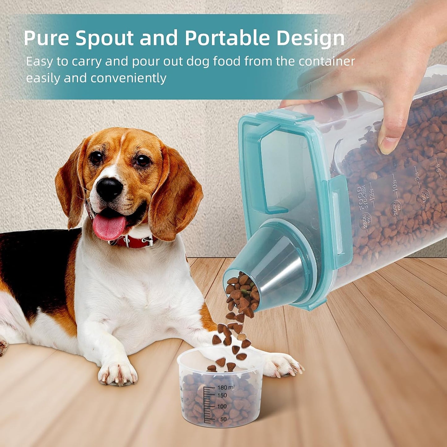 3-5Lbs Airtight Small Cat Dog Pet Food Storage Containers BPA Free, with Large Pour Spout/1 Measuring Cup/ 4 Safety Locks and Double-layer Silicone Strip (Clear Blue 2Pack)