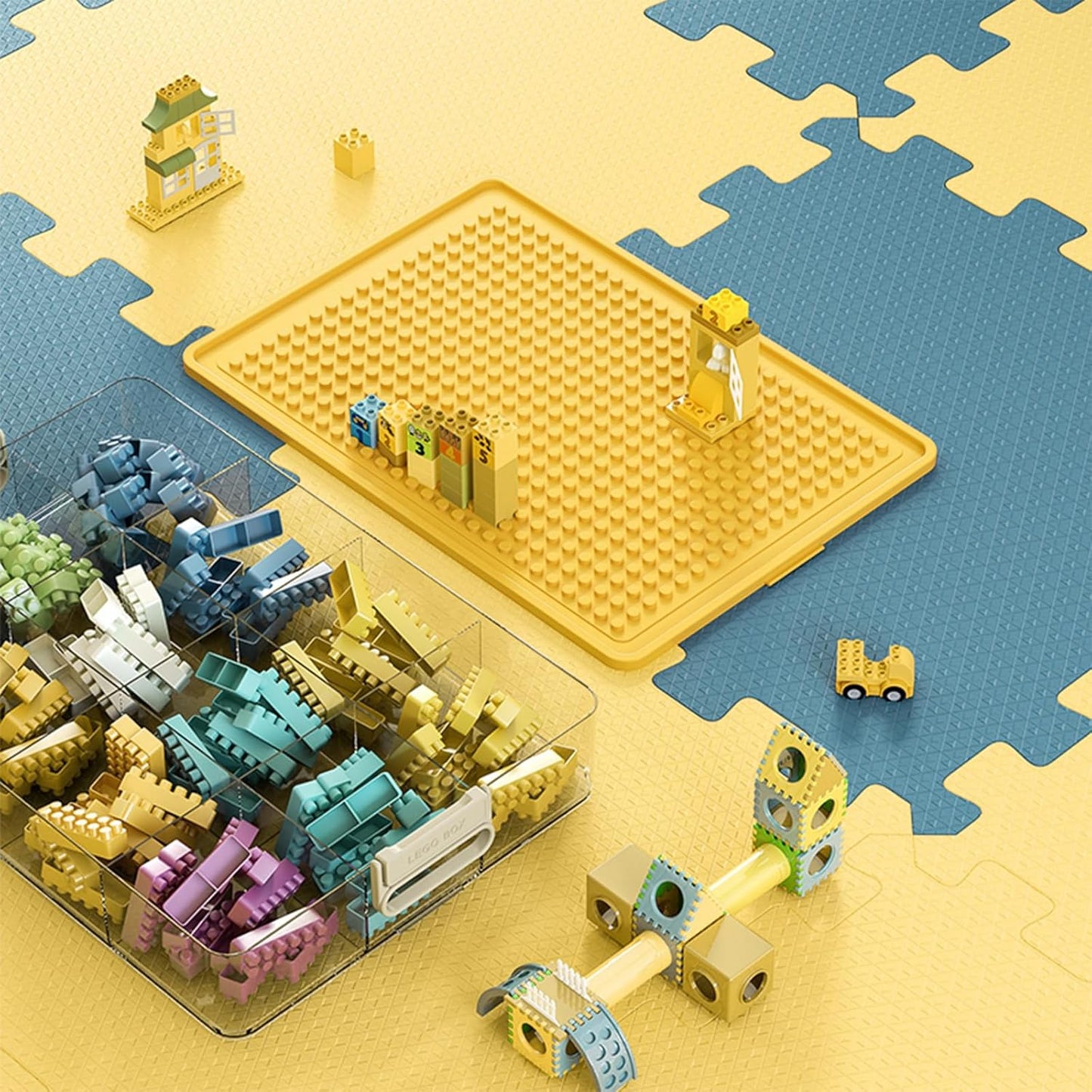 Toys Storage Organizer Bins for Lego, Stackable Toys Organizer, Lego Building Block Storage, Toy Storage Box with 24 Palace Grids, Plastic Stackable Organizer Bins (Yellow 2layers)