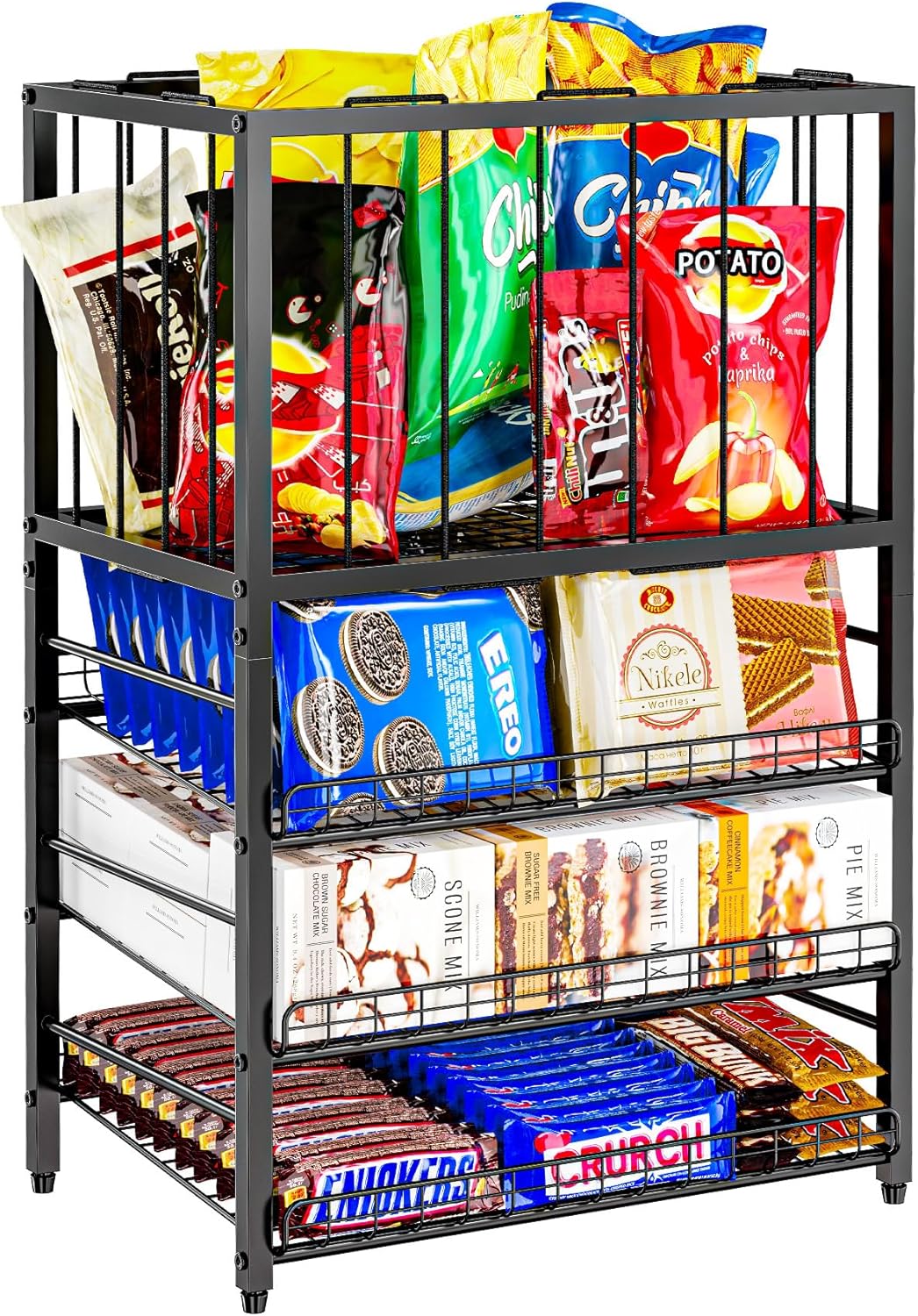 Candy Display Rack, 4 Tier Snack Organizer for Countertop, Potato Chip Bag Holder with Elastic Rope Frame, Snack Bar Station, Retail Display Shelf for Store, Pantry, Office (Black)
