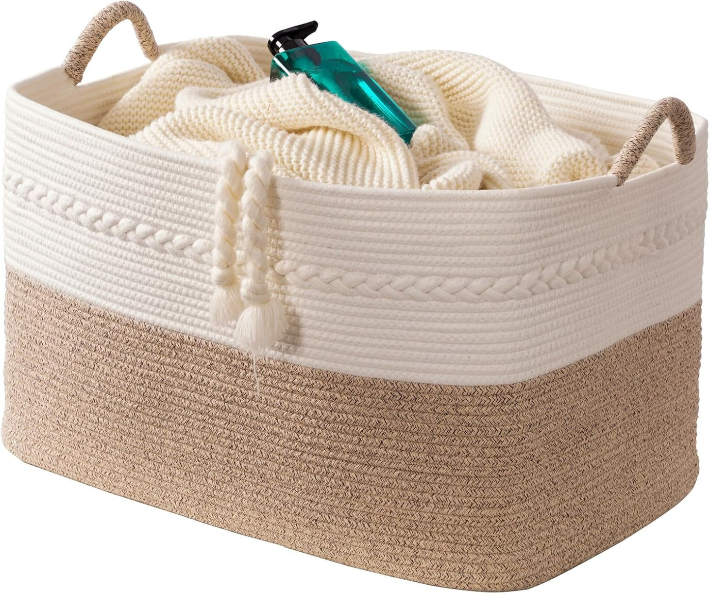 Extra large laundry basket woven from natural cotton rope with handles storage blankets for living rome big decorative quilted baskets for clothes toys pillows hamper 24"x16"x14" white/brown