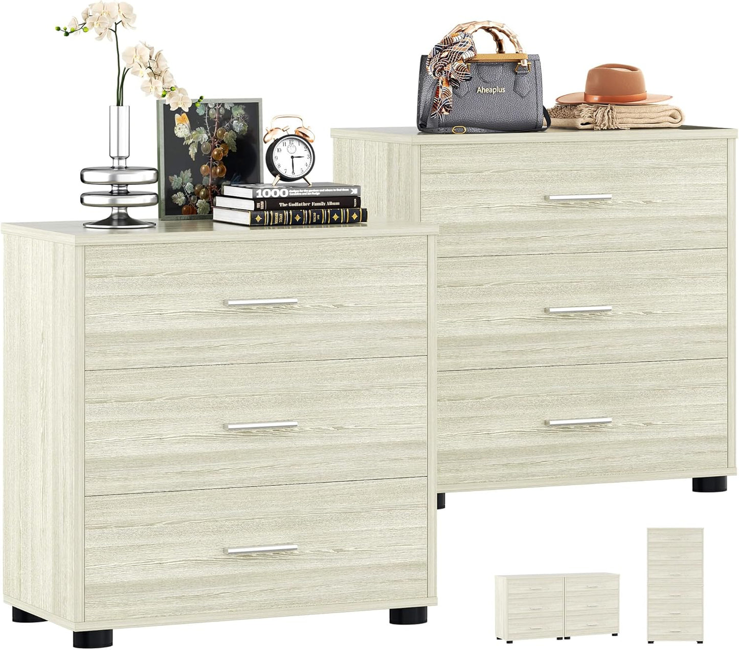 Aheaplus Closet Drawers Set of 2, Wood Closet Organizers and Storage with 3 Drawers, Closet Drawers Organizer System, Nightstands Bedside End Table with 3 Drawers Storage for Bedroom, White Oak