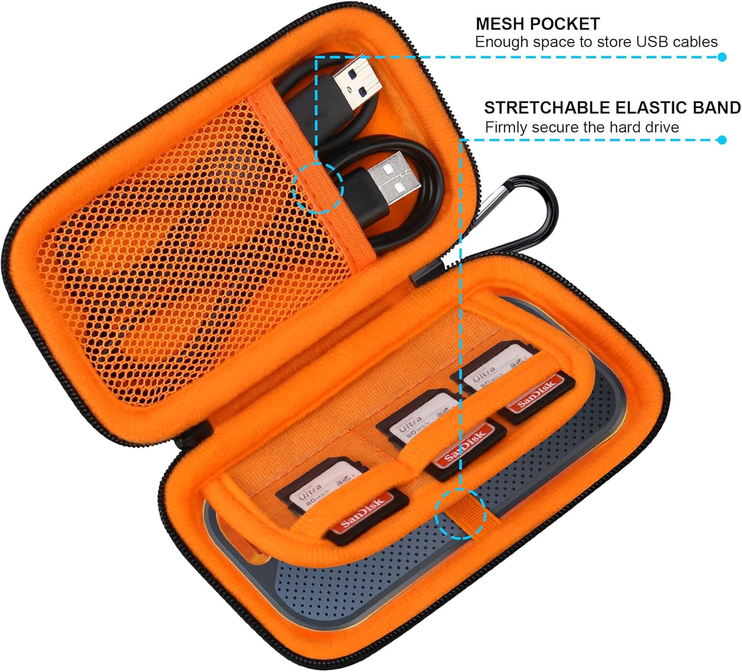 Lacdo Hard Carrying Case for SanDisk Extreme Pro/SanDisk Extreme Portable External SSD 500GB 1TB 2TB 4TB 8TB USB-C Solid State Drive EVA Shockproof Protective Storage Travel Bag, Black+Orange