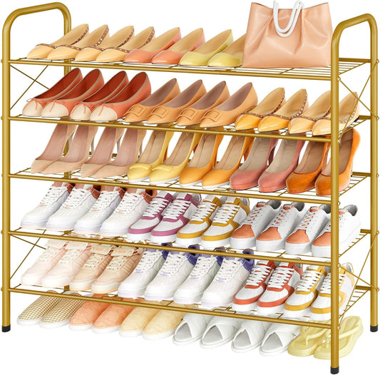 Hoctieon 5 Tier Shoe Rack for Closet, Durable Mesh Style Shoe Rack, Entryway Shoe Shelf, Shoe Storage Organizer for Hallway, Bedroom, Living Room, Wardrobe, Gold