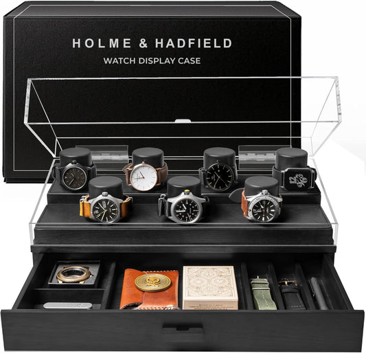 Premium 7 Slot Watch Box for Men - Large Wooden Watch Display Case with Hinged Cover, Leather Lining & Drawer - Watch Holder Organizer Stand - Handcrafted Luxury Christmas Gift for Men