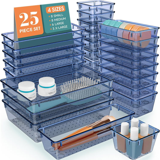 25 PCS Drawer Organizer Set, 5 Varied Size Bathroom and kitchen Drawer cabinet organizer Trays, Clear Storage Bins for Makeup, Jewelry, Utensils and Gadgets, Dark Blue