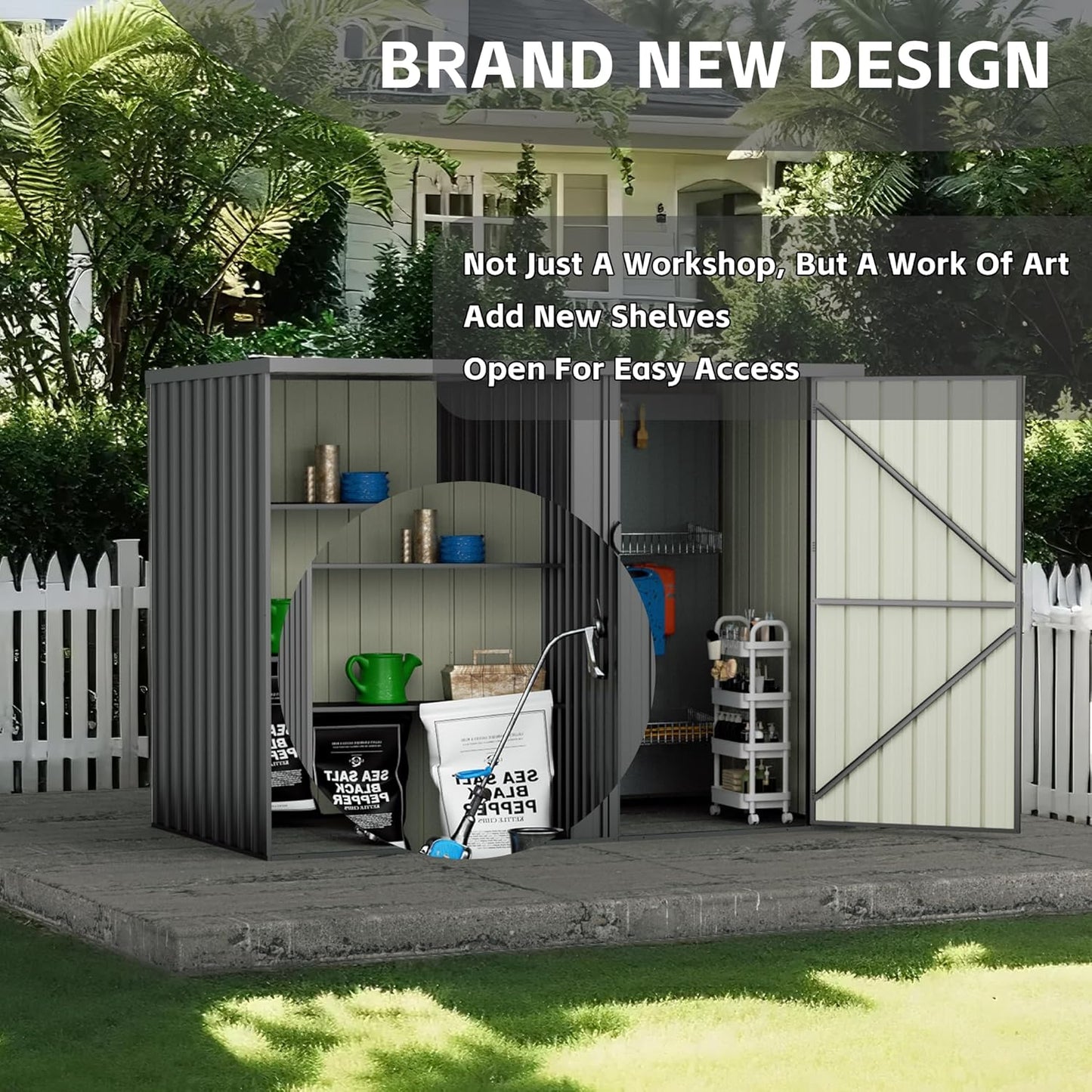 2 in 1 Metal Outdoor Storage Shed with Firewood Rack, 8×4 FT Lockable Waterproof Garden Tool Shed with Shelves, Open & Enclosed Dual-Storage Backyard Patio Shed with Sloped Roof (No Floor)