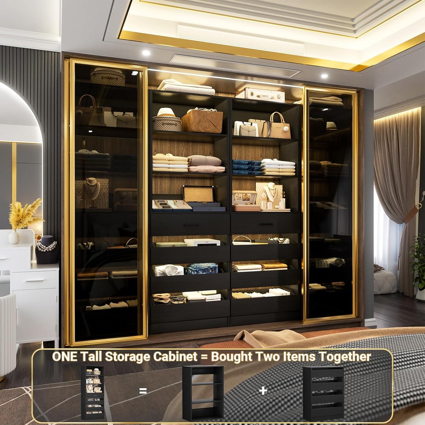 Aheaplus 21.3" Closet System with 4 Drawers, Wood Closet Organizer with Open Shelves, Modular Drawers System Tower, Walk-in Small Wardrobe Rack, Tall Storage Cabinet Unit, Black