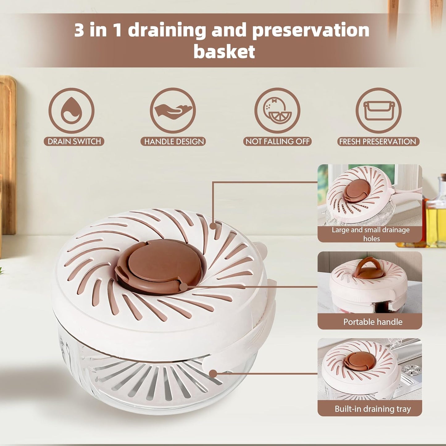 2025 New Upgrade Fruit Washing Bowl with Strainer,3 in 1 Multipurpose Drain Basket with Lid & Ice Box,Foldable Handle Fruit Strainer,1QT(1L)Fruit Washer Perfect for Fridge Storage and Outdoor Picnics