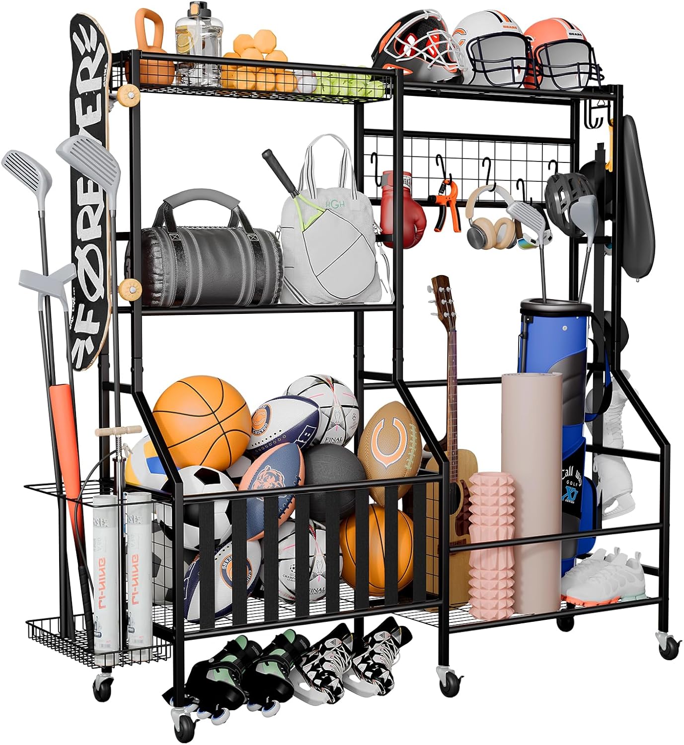 Sports Equipment Organizer, Heavy Duty Golf Bags Stand, Extra Large Ball Storage Rack for Garage