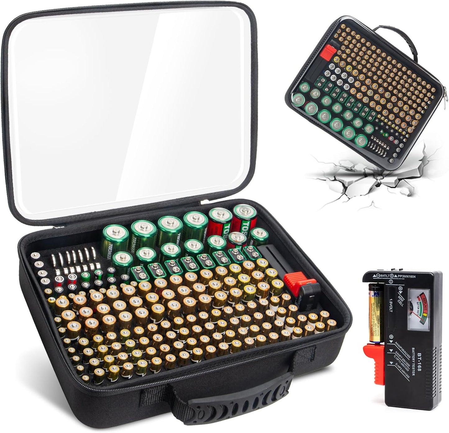 Battery Organizer Storage Case with Tester, Hardshell Portable Checker Carrying Case Holds Batteries AA AAA AAAA C D 9V, Battery Organizer Storage Box (Clear Hold 200+ Cell)