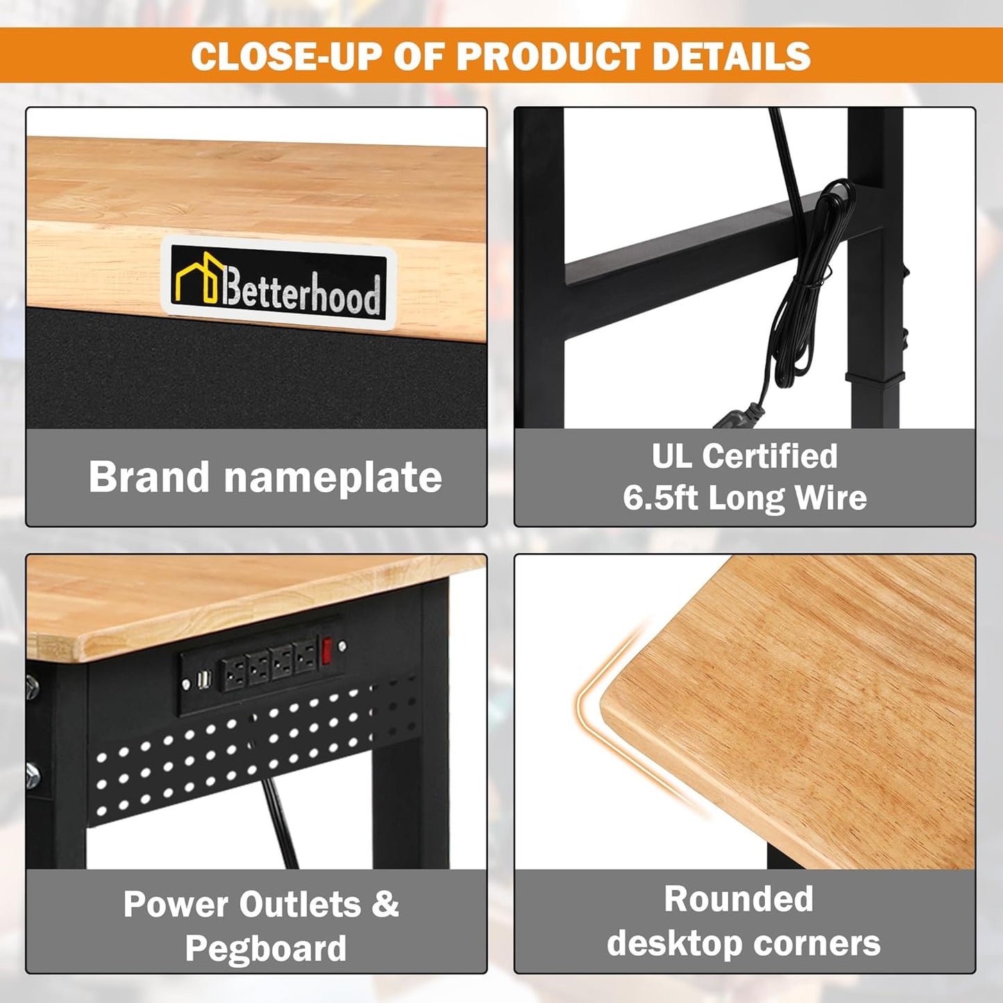 Betterhood 70" Adjustable Height Workbench, 2000 LBS Heavy Duty Work Table with Power Outlets & Pegboard, Rubber Wood Workstation for Garage, Workshop, Office, Home, Commercial