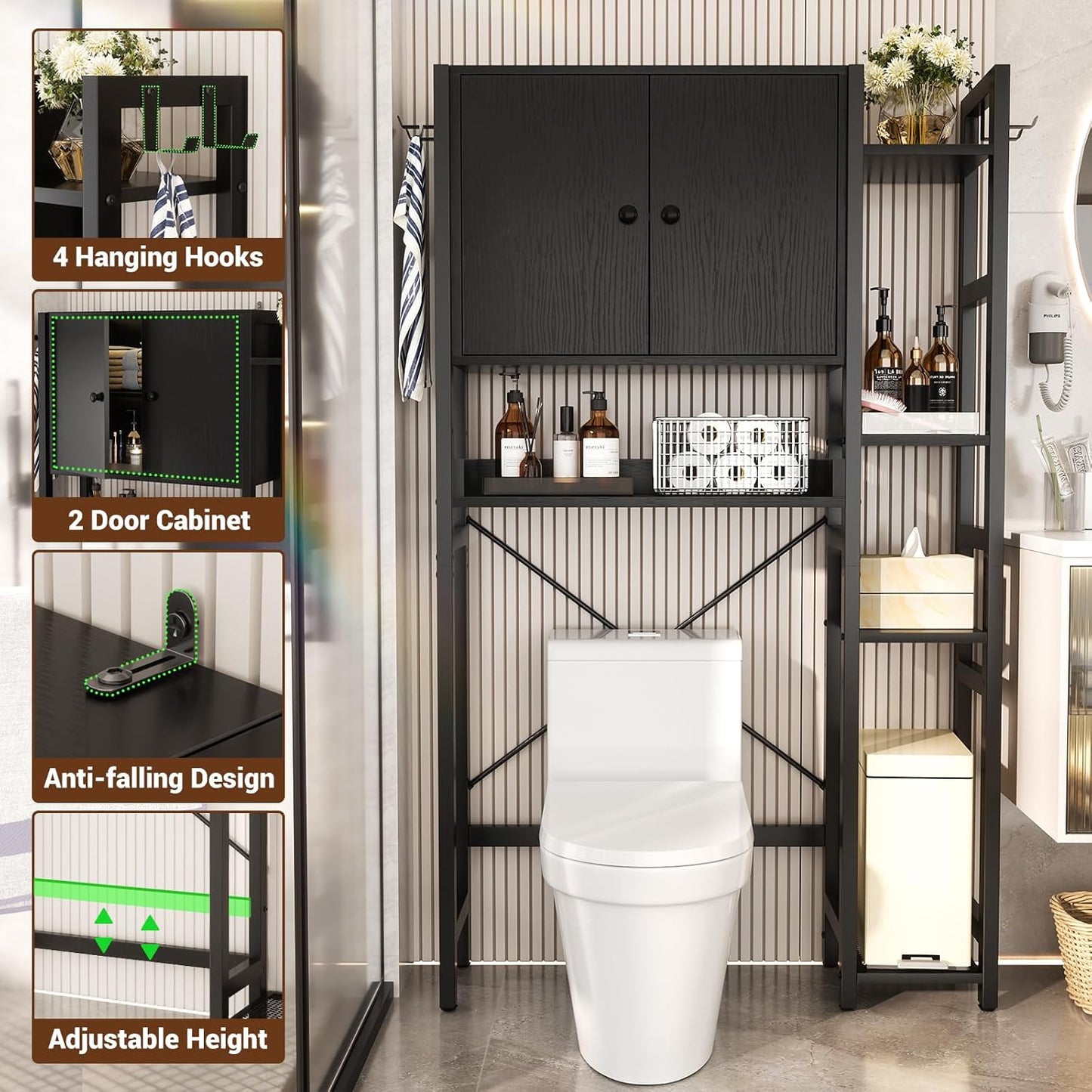 Over The Toilet Storage Cabinet with Doors - 7 Tier Bathroom Organizer with Adjustable Shelf, Freestanding Space Saver Rack Above Toilet Stand with 4 Hooks for Bathroom, Restroom, Laundry, Black