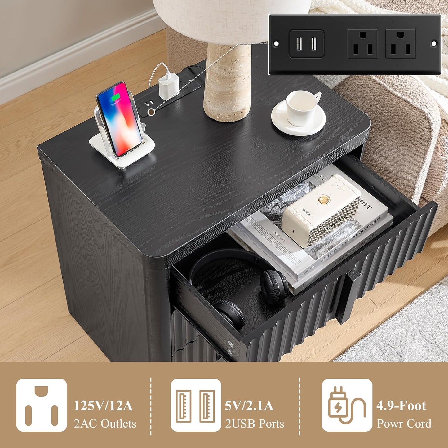 23.6" Nightstand Set of 2 with Charging Station, Side Table with 3 Storage Drawers, Mid Century Modern Night Stand with Solid Wood Handle, Bedside End Table for Bedroom, Living Room, Black
