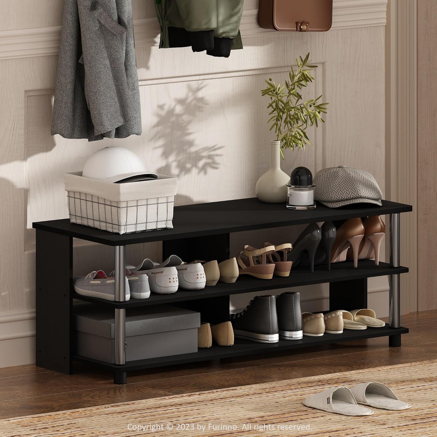 Furinno Turn-N-Tube Shoe Rack, 3-Tier Shoe Organizer, Compact Shoe Storage with Open Shelves and Stainless Steel Tubes, 15.5 x 41.1 x 15.8, for Closet Entryway, Office, Garage, Americano