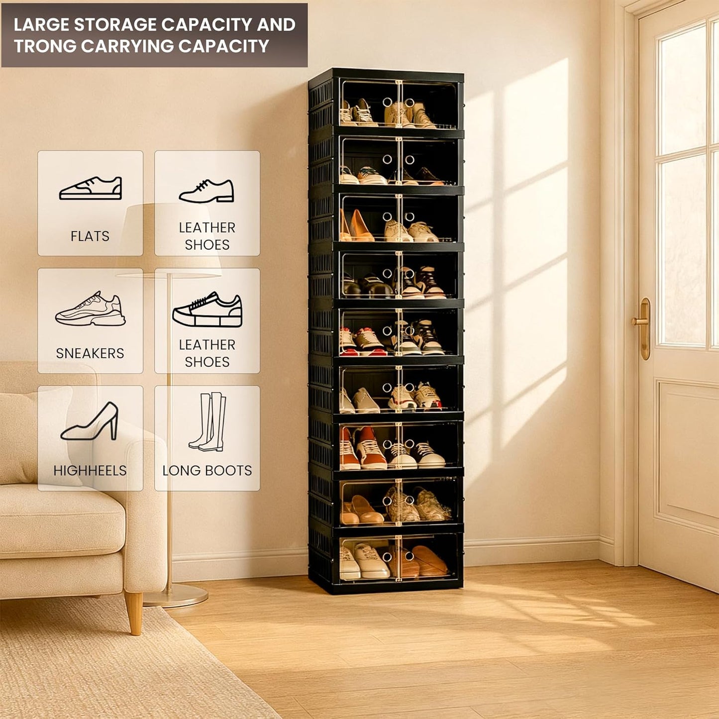 Foldable Shoe Organizer Storage Box, Portable Extra Large Folding Shoe Rack for Closet, Shoe Storage Box with Magnetic Transparent Door and Wheels, 9 Layers 18 Grids