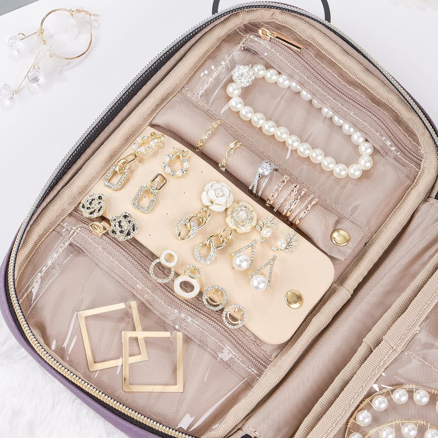 NISHEL Travel Jewelry Case, Holiday Organizer for Necklaces, Earrings, Rings, Bracelets, Watch, Purple