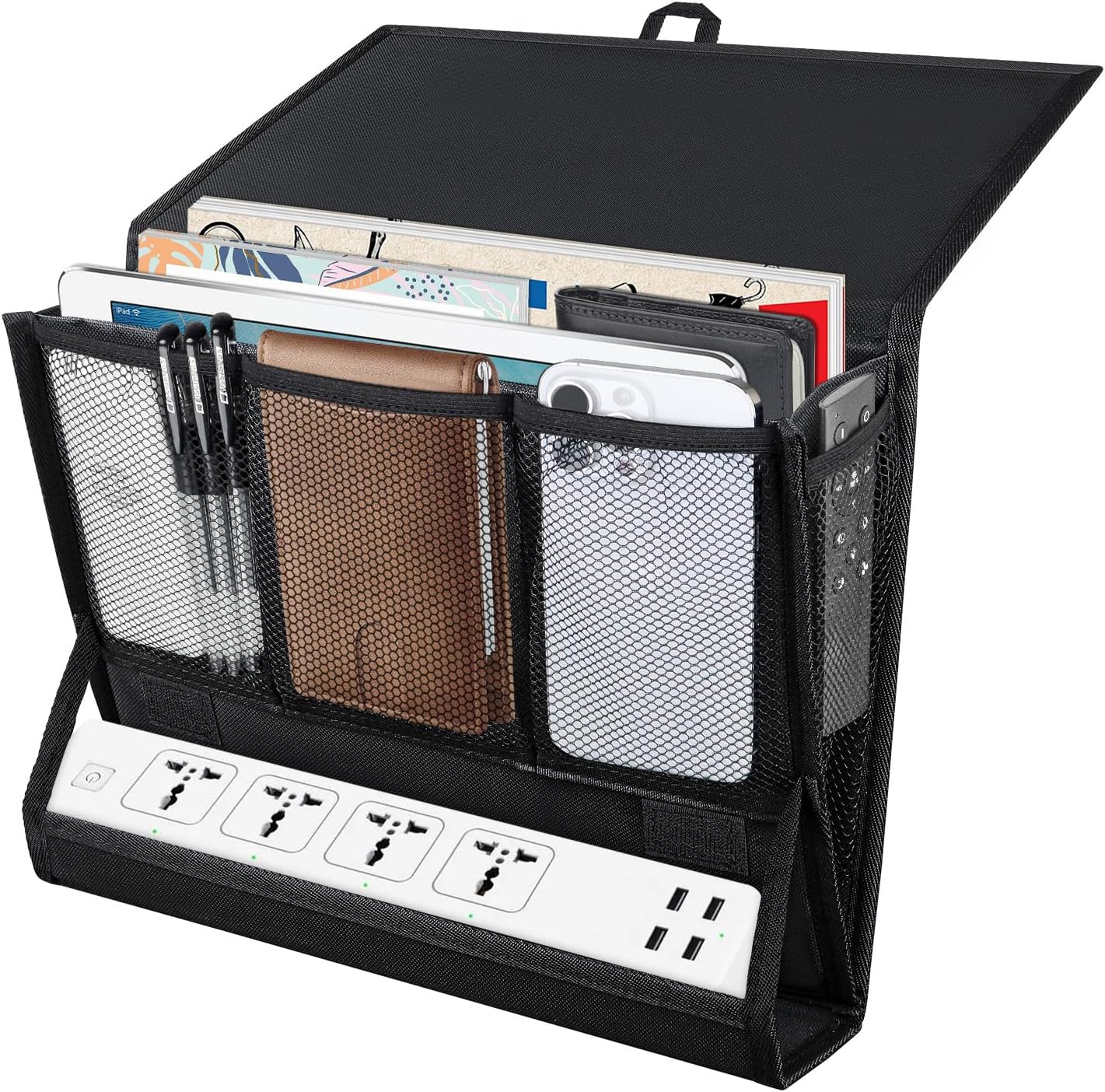 Bedside Caddy Hanging Bed Organizer Storage Bag Pocket with Power Strip Holder Multi-functional Organizer Caddy for Remotes Phone Glasses Magazines, Tablets, Accessories (7 pocket)
