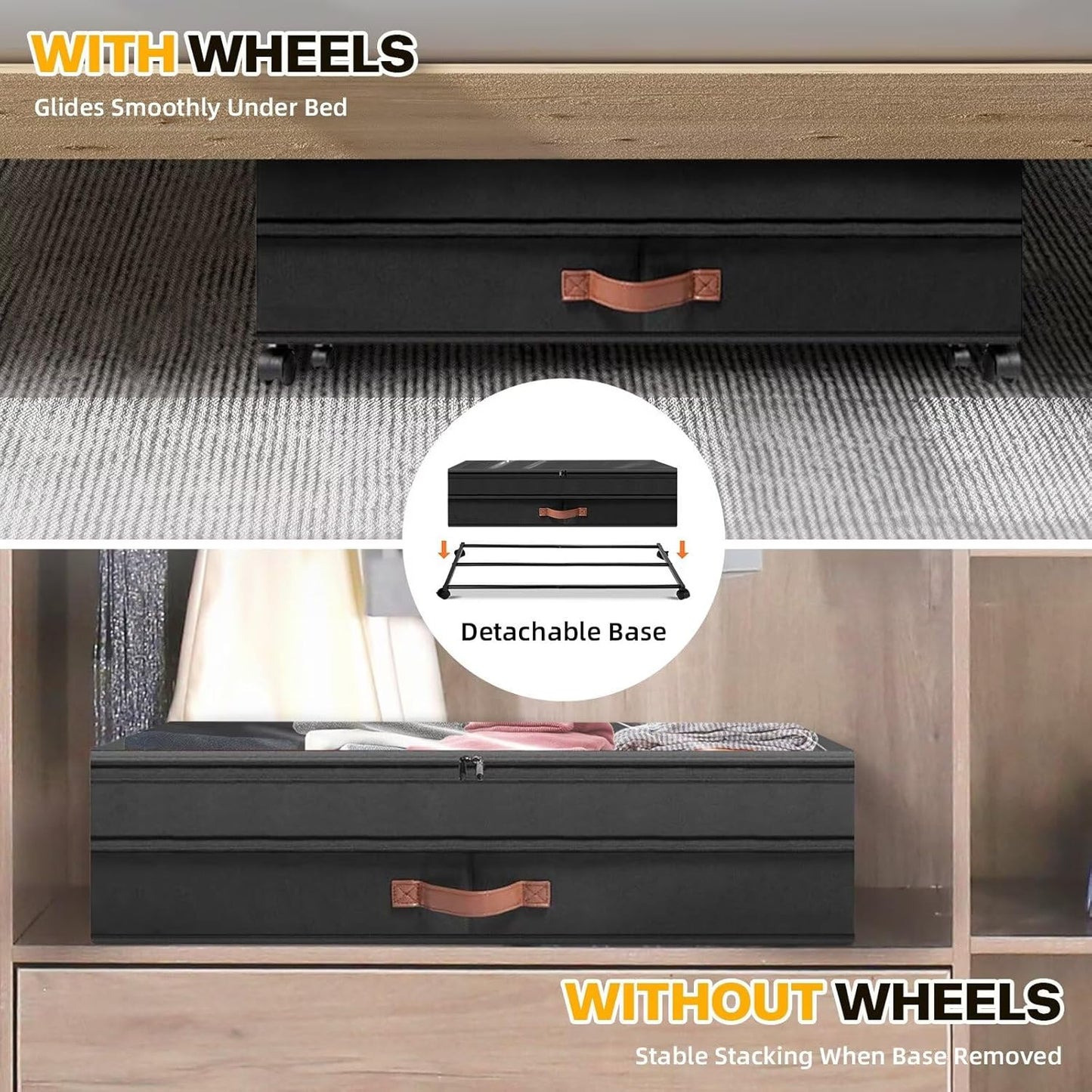 Under Bed Storage with Wheels, 2 Packs XXL Underbed Organizer with Lid, 10'' Adjustable Height Shoes Containers Clothes Rolling Bin for Bedroom Dorm, Grey
