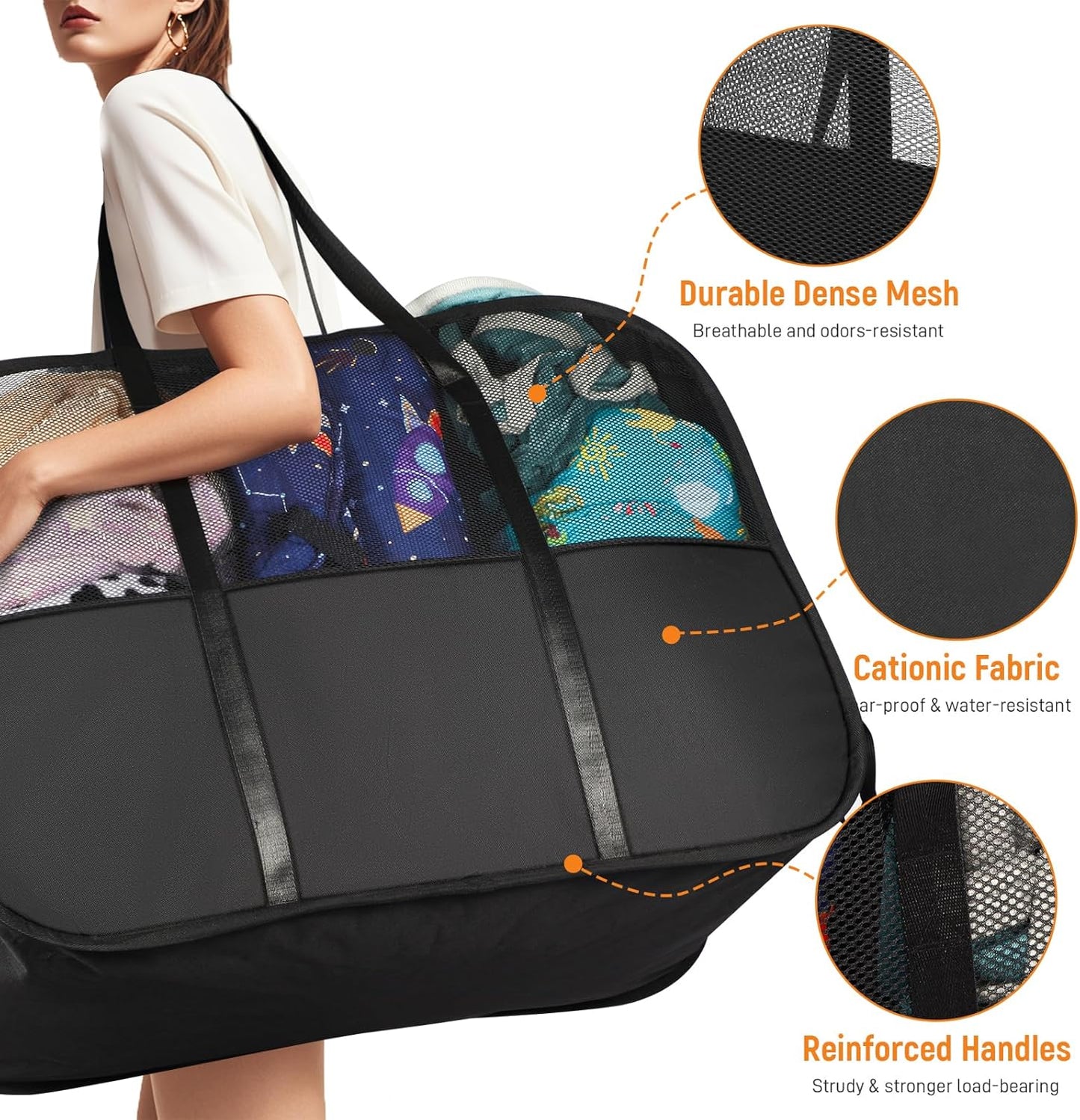 Collapsible Laundry Baskets with 3 Compartment, 150L Tear-proof Pop Up Hamper, Foldable Laundry Basket with Tote Handles, Dirty Clothes Hamper for Laundry, Bedroom, Bathroom, Dorm Black