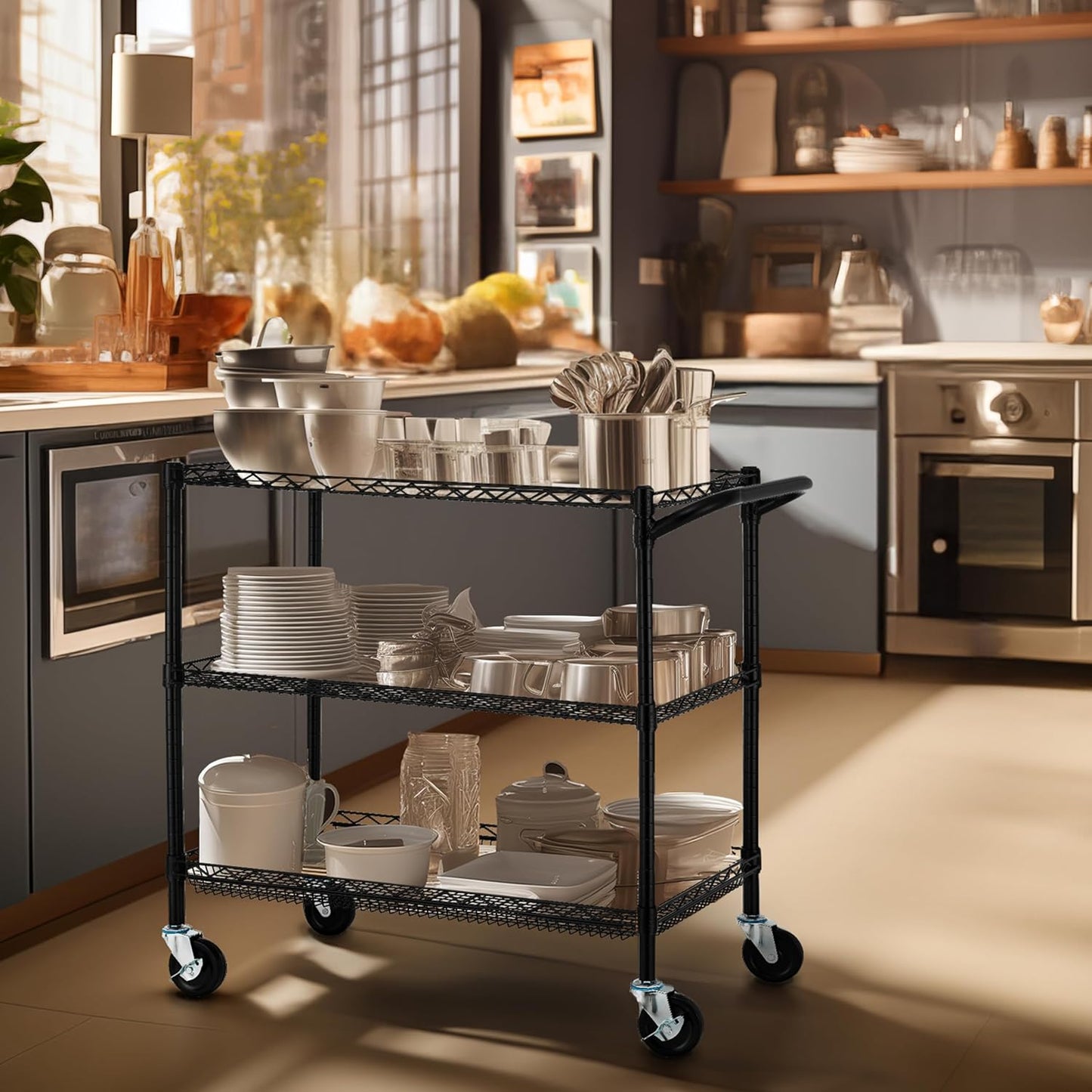 Finnhomy 3 Tier Heavy Duty Commercial Grade Utility Cart, Wire Rolling Cart with Handle Bar, Steel Service Cart with Wheels, Kitchen Carts on Wheels, Metal Cart Shelf Size 18" D x 36" W, NSF, Black