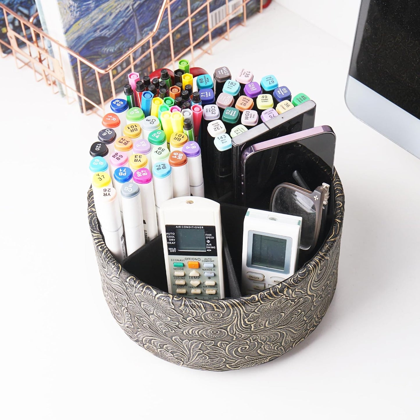 lizimandu Remote Control Holder, 360°Spinning PU Leather Desk TV Remote Caddy,Desk Storage Box Room Accessories for Controller, Media,Mail,Calculator, Mobile Phone,Pencil(1B-Carved Cooper Gold)