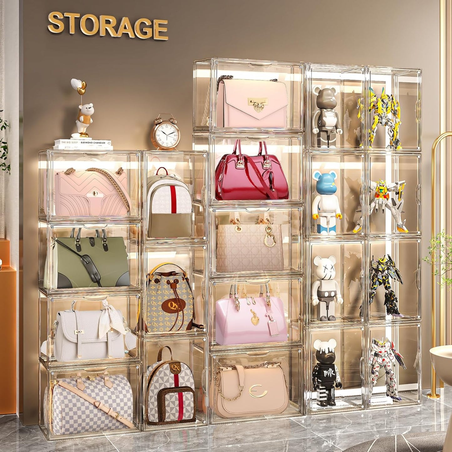 5 Packs Clear Handbag Storage Organizer for Closet, Purse Organizer Acrylic Display Case for Handbag, Stackable Storage Box with Magnetic Door for Wallet Book Toys Collectibles