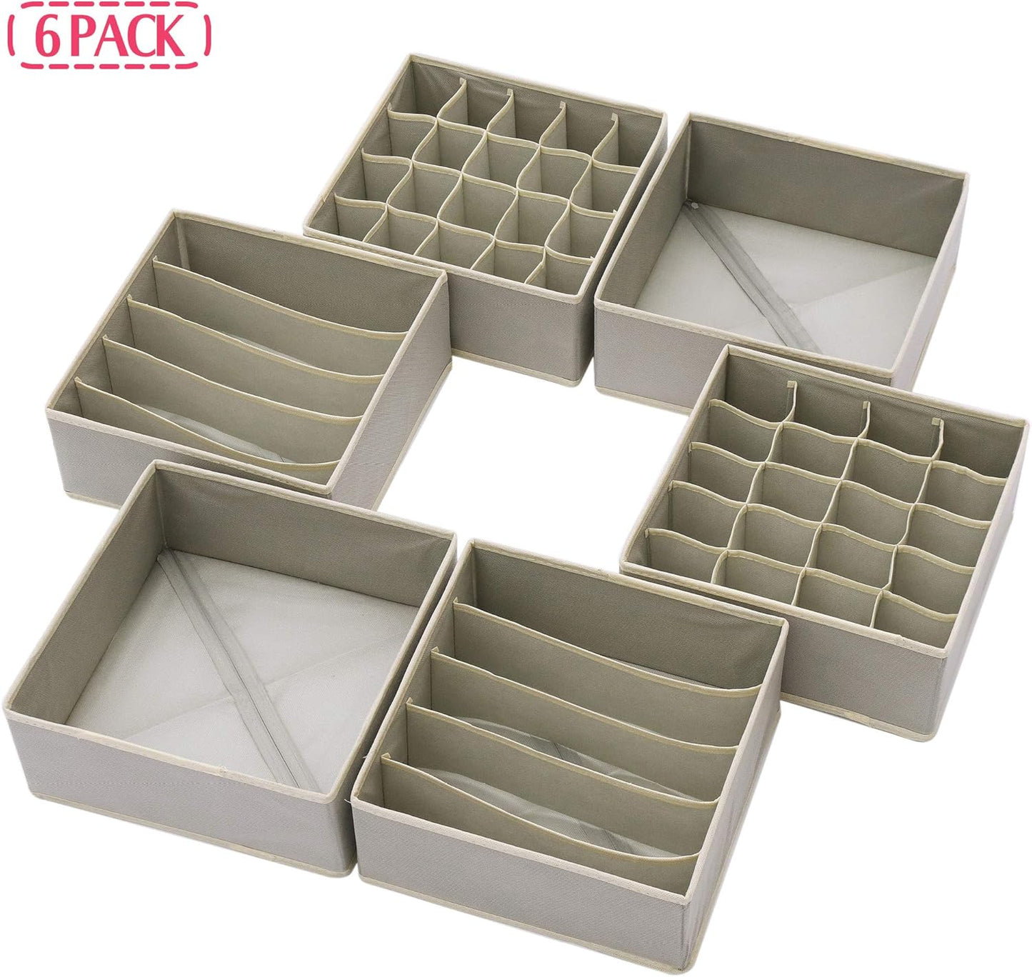 DIOMMELL Set of 6 Foldable Cloth Storage Box Closet Dresser Drawer Organizer Fabric Baskets Bins Containers Divider for Clothes Underwear Bras Socks Lingerie Clothing, Grey 22-2000